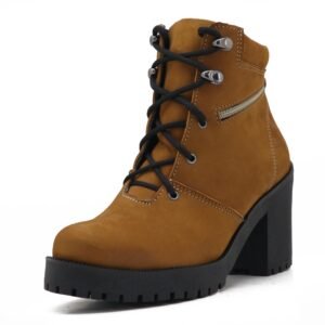 Bota Feminina Coturno Cano Curto Couro Legítimo Salto Alto 9405 Castor